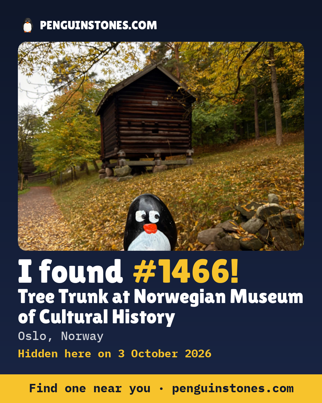 An “I found #1466” picture: the stone’s photo, where it is and how far it has travelled