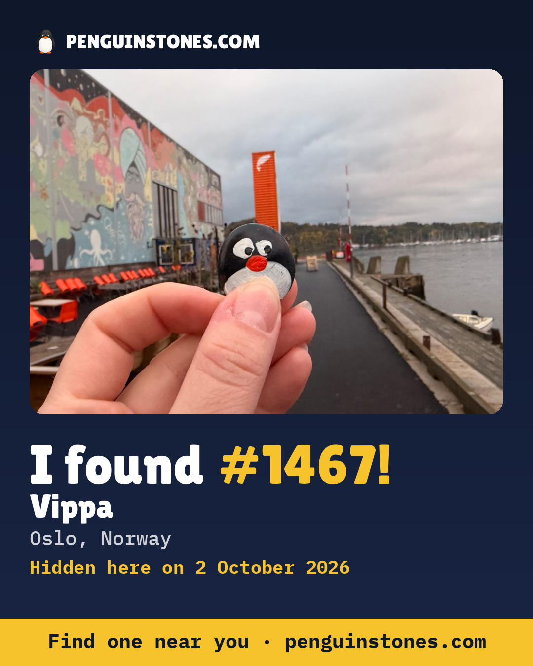 An “I found #1467” picture: the stone’s photo, where it is and how far it has travelled