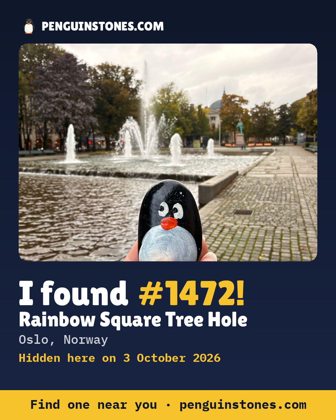 An “I found #1472” picture: the stone’s photo, where it is and how far it has travelled
