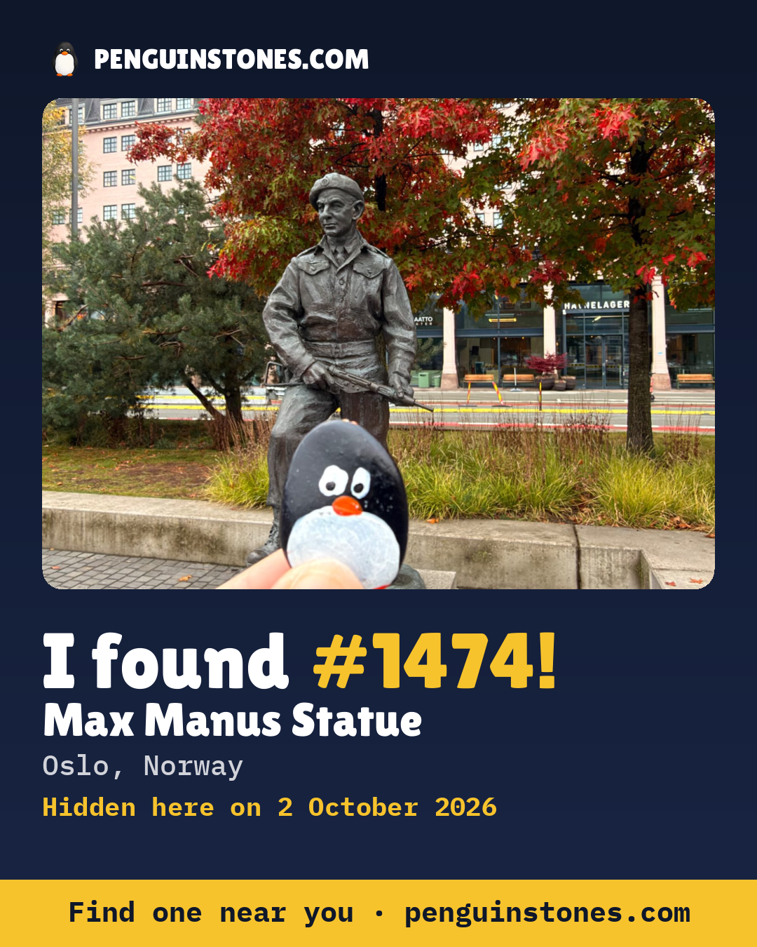 An “I found #1474” picture: the stone’s photo, where it is and how far it has travelled