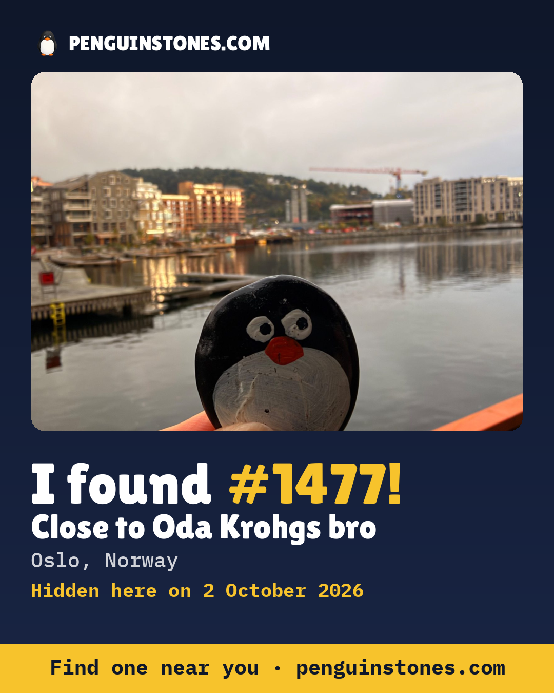 An “I found #1477” picture: the stone’s photo, where it is and how far it has travelled
