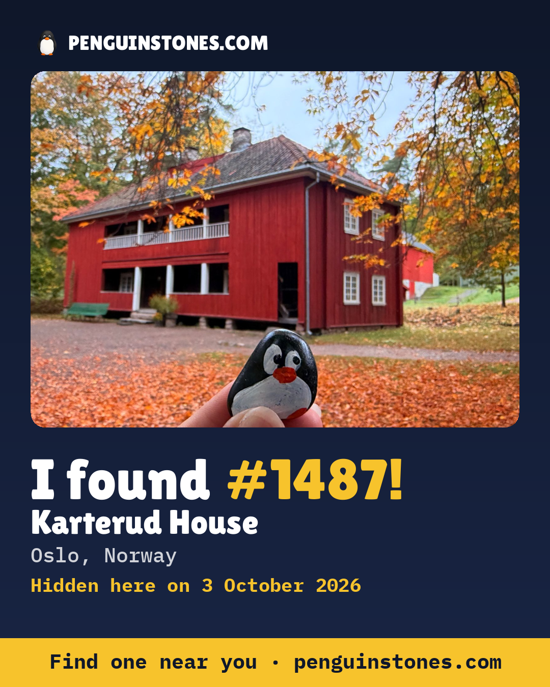 An “I found #1487” picture: the stone’s photo, where it is and how far it has travelled