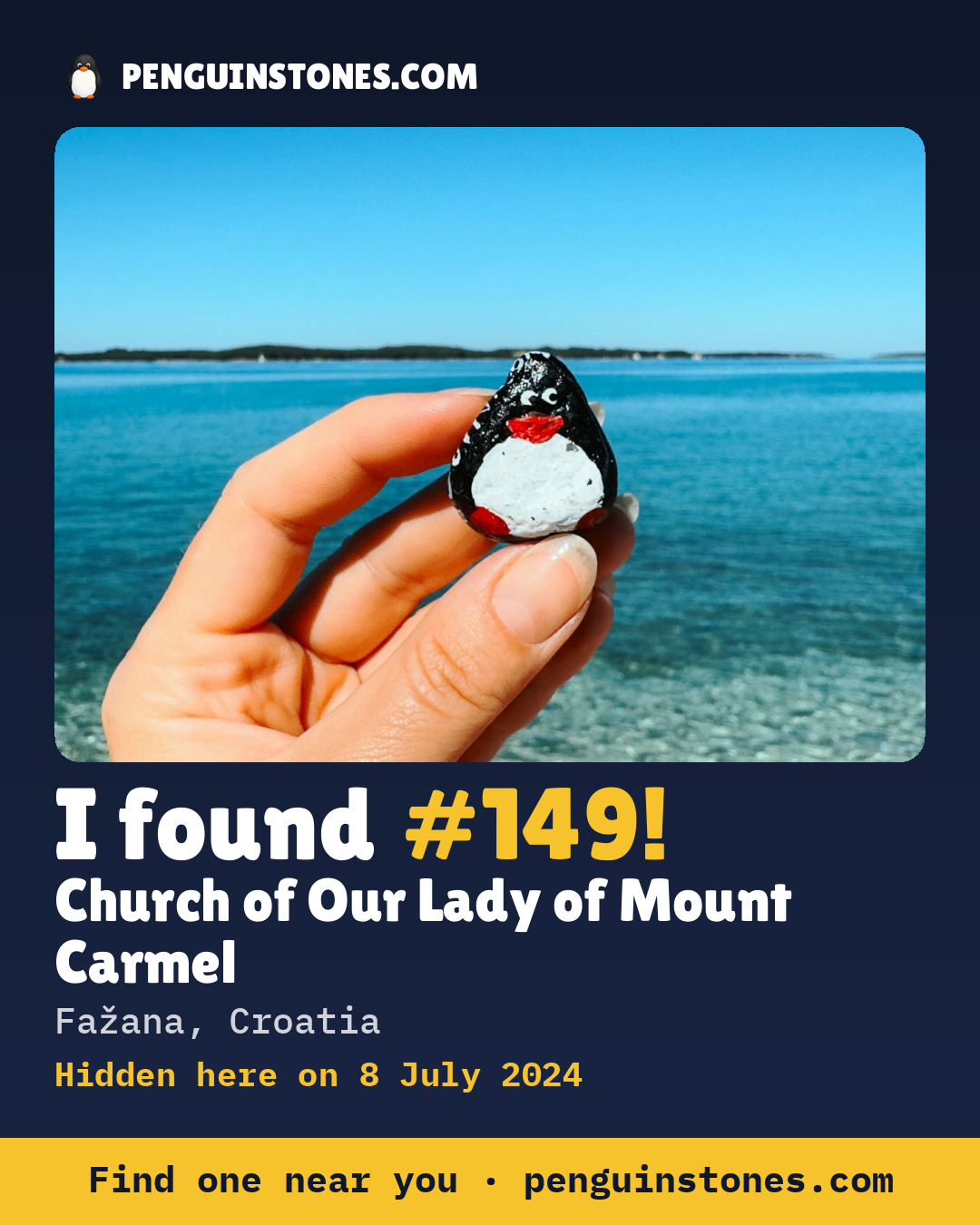 Obrázok s nápisom „I found #149“: fotka kameňa, kde je a ako ďaleko docestoval