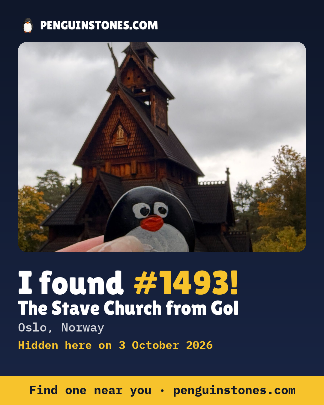 An “I found #1493” picture: the stone’s photo, where it is and how far it has travelled