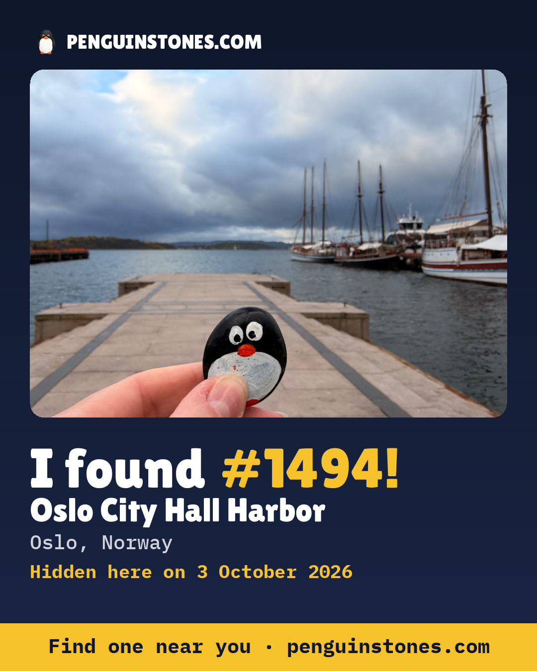 An “I found #1494” picture: the stone’s photo, where it is and how far it has travelled