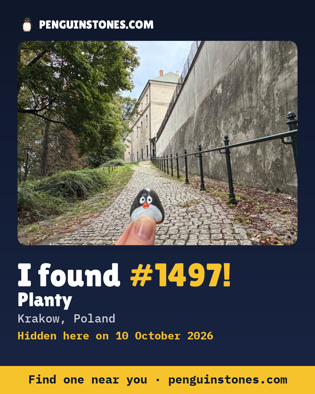 An “I found #1497” picture: the stone’s photo, where it is and how far it has travelled