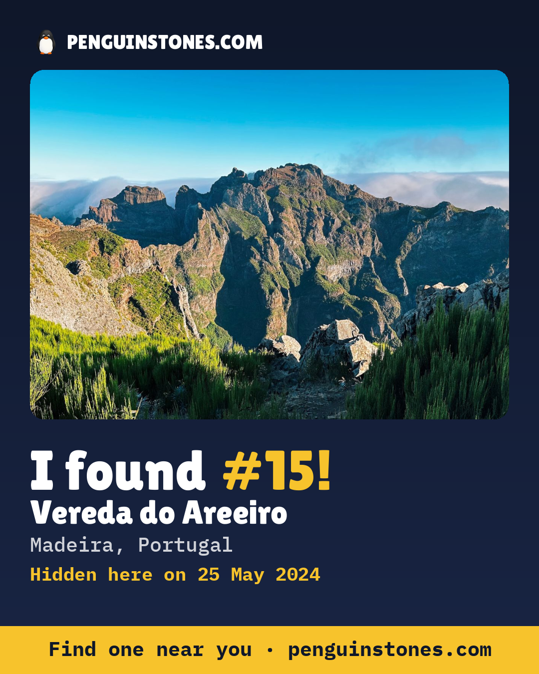 Obrázok s nápisom „I found #15“: fotka kameňa, kde je a ako ďaleko docestoval