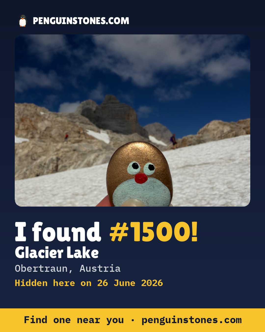 Obrázok s nápisom „I found #1500“: fotka kameňa, kde je a ako ďaleko docestoval