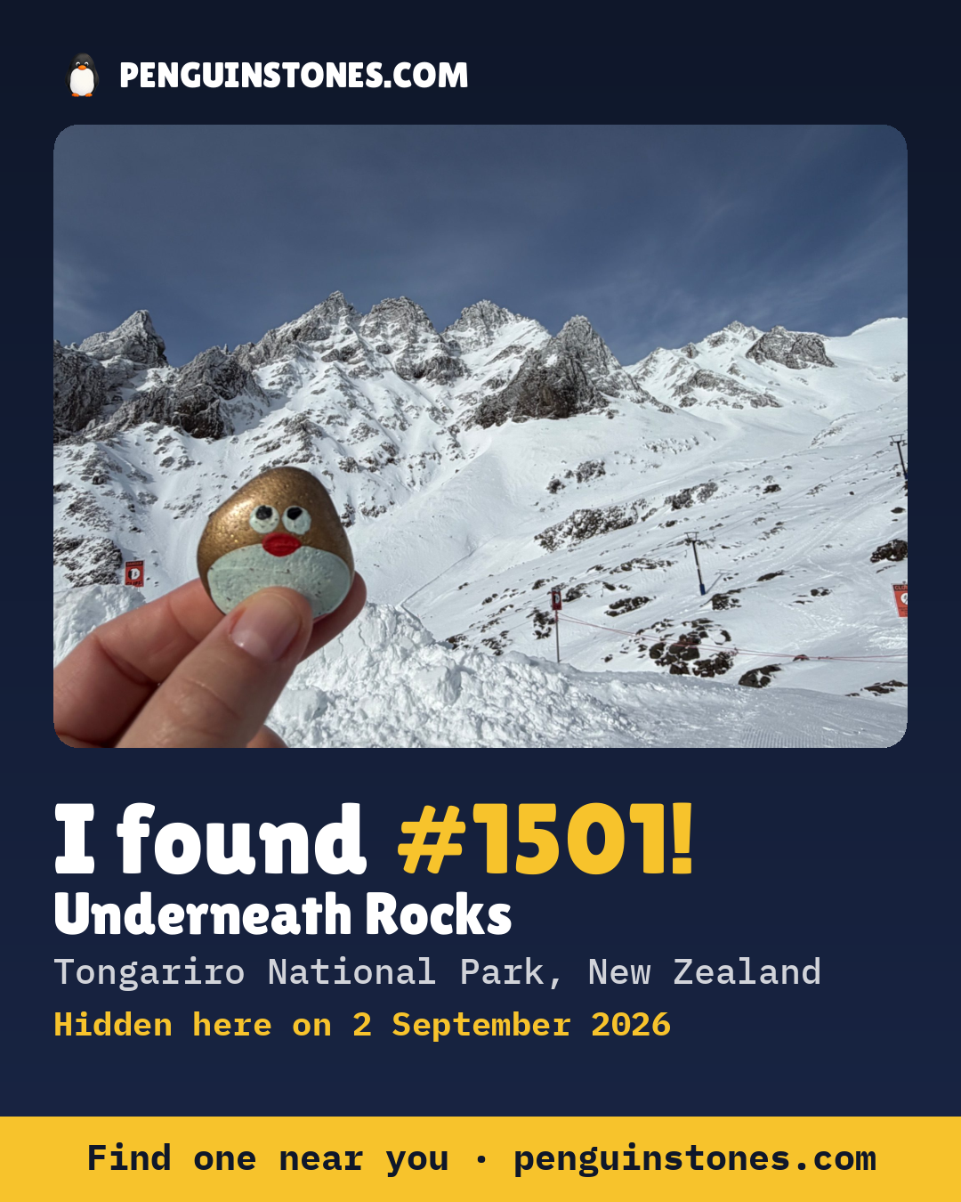Obrázok s nápisom „I found #1501“: fotka kameňa, kde je a ako ďaleko docestoval