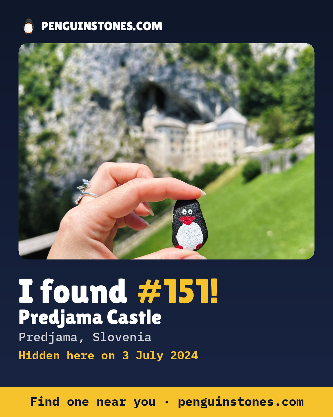 Obrázok s nápisom „I found #151“: fotka kameňa, kde je a ako ďaleko docestoval