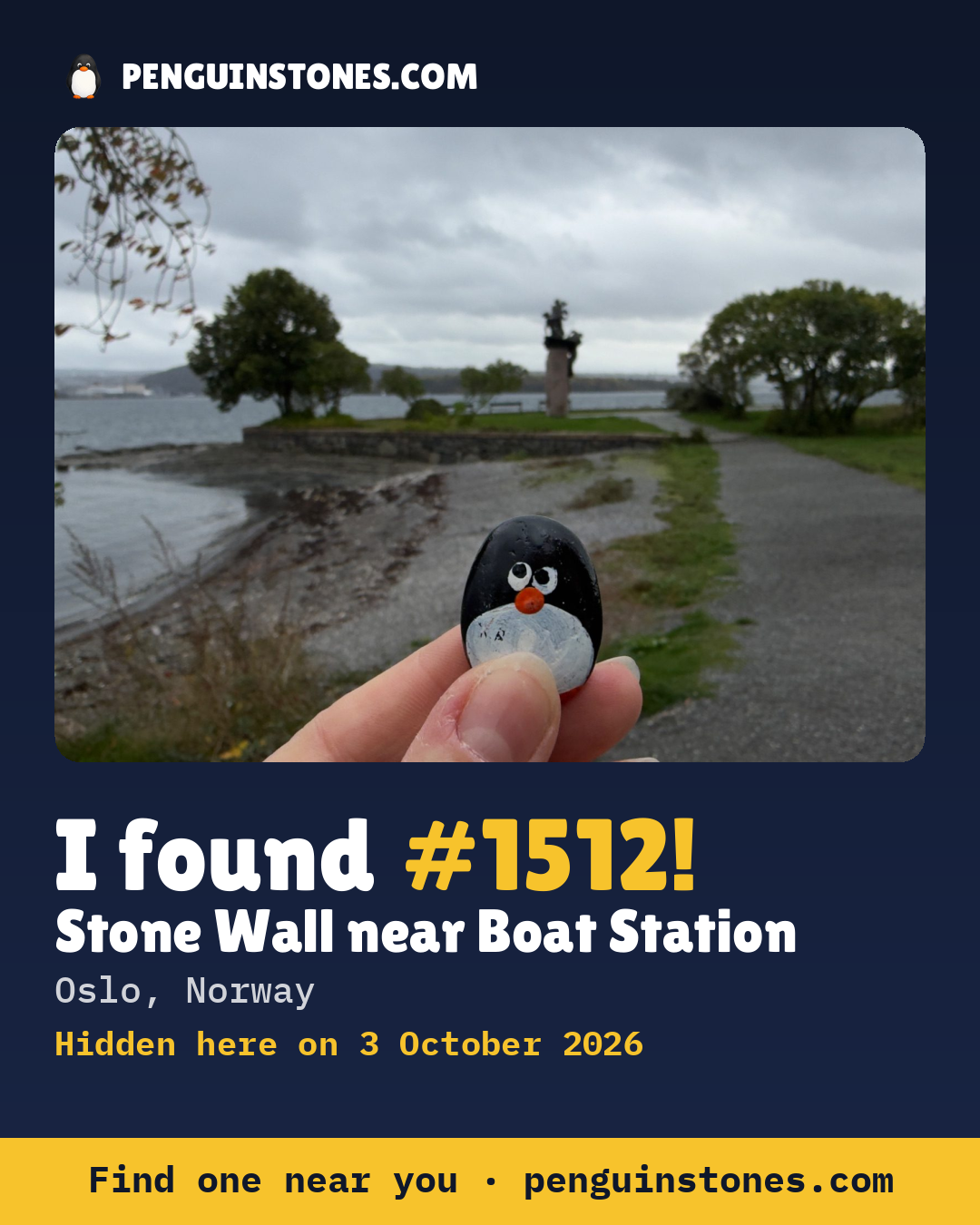 An “I found #1512” picture: the stone’s photo, where it is and how far it has travelled