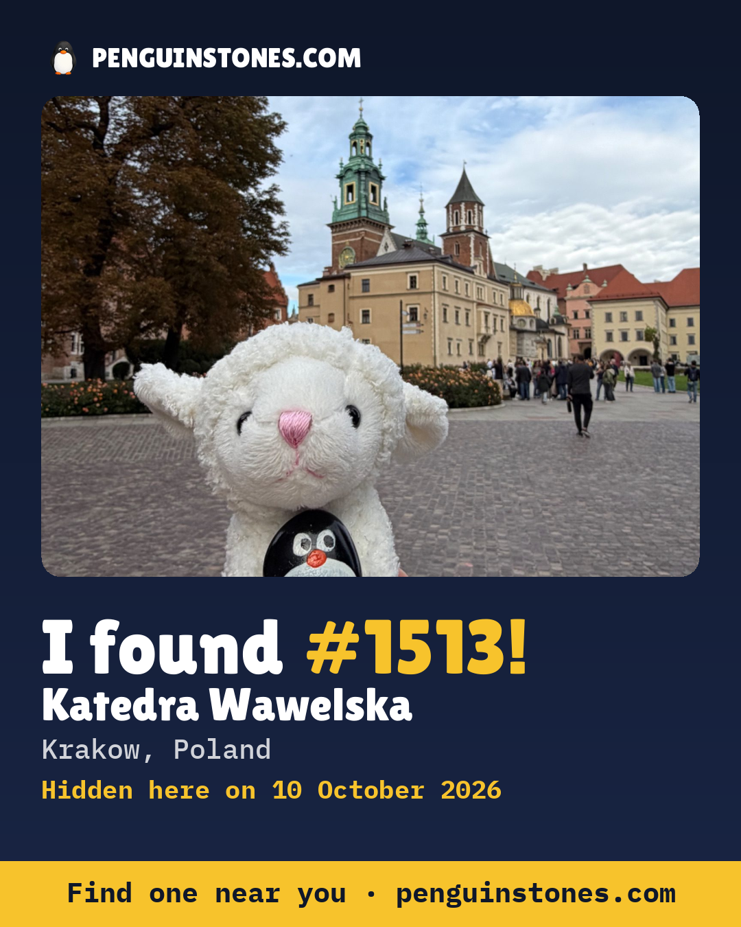 An “I found #1513” picture: the stone’s photo, where it is and how far it has travelled