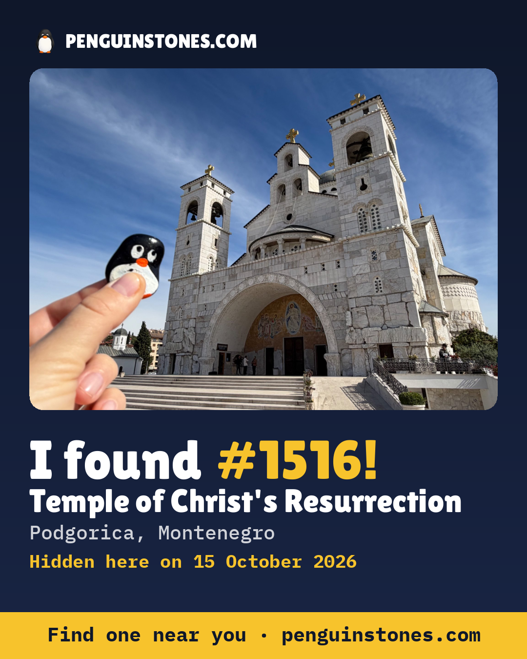 An “I found #1516” picture: the stone’s photo, where it is and how far it has travelled