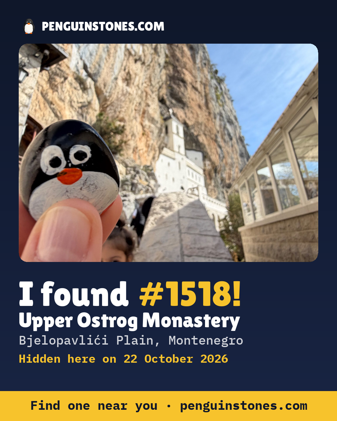 An “I found #1518” picture: the stone’s photo, where it is and how far it has traveled
