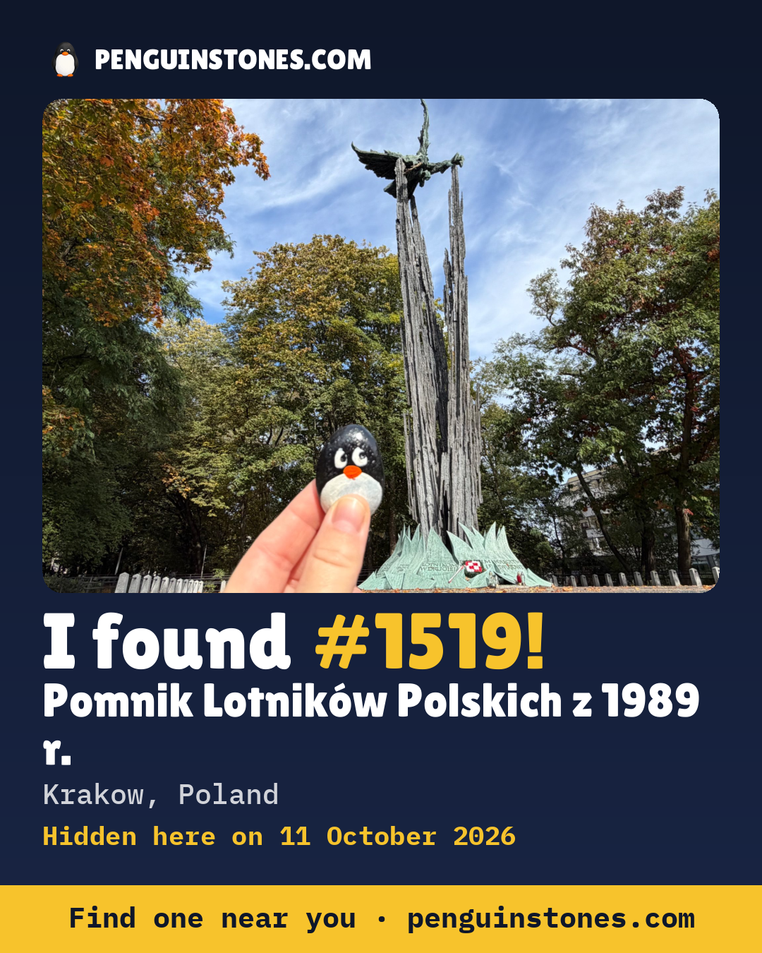 An “I found #1519” picture: the stone’s photo, where it is and how far it has travelled