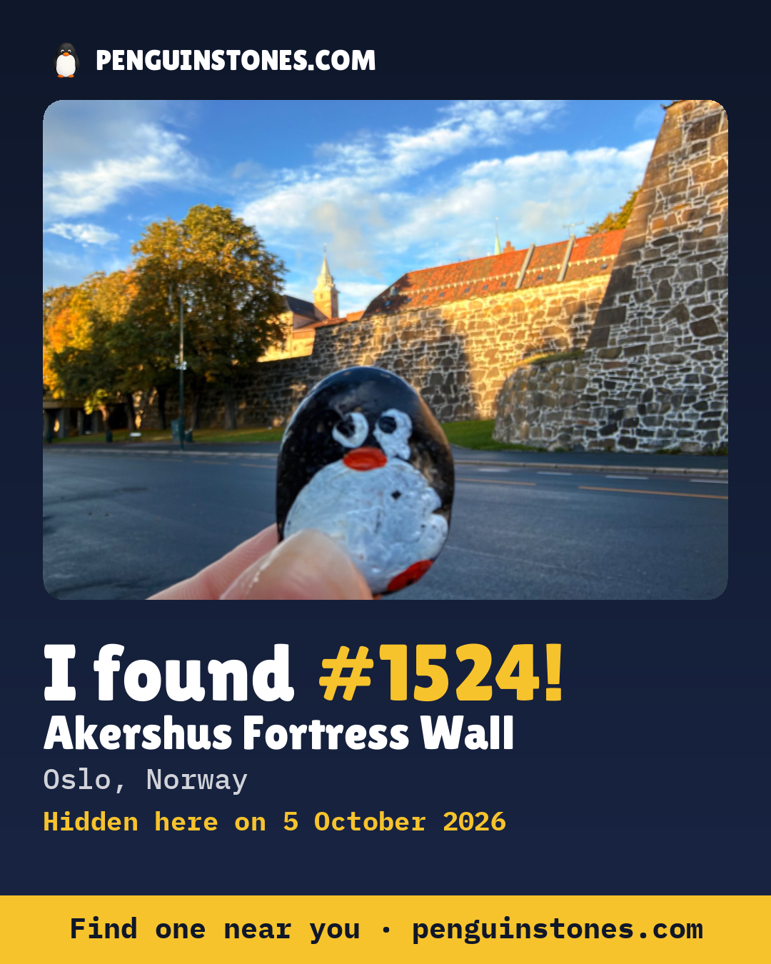 An “I found #1524” picture: the stone’s photo, where it is and how far it has travelled