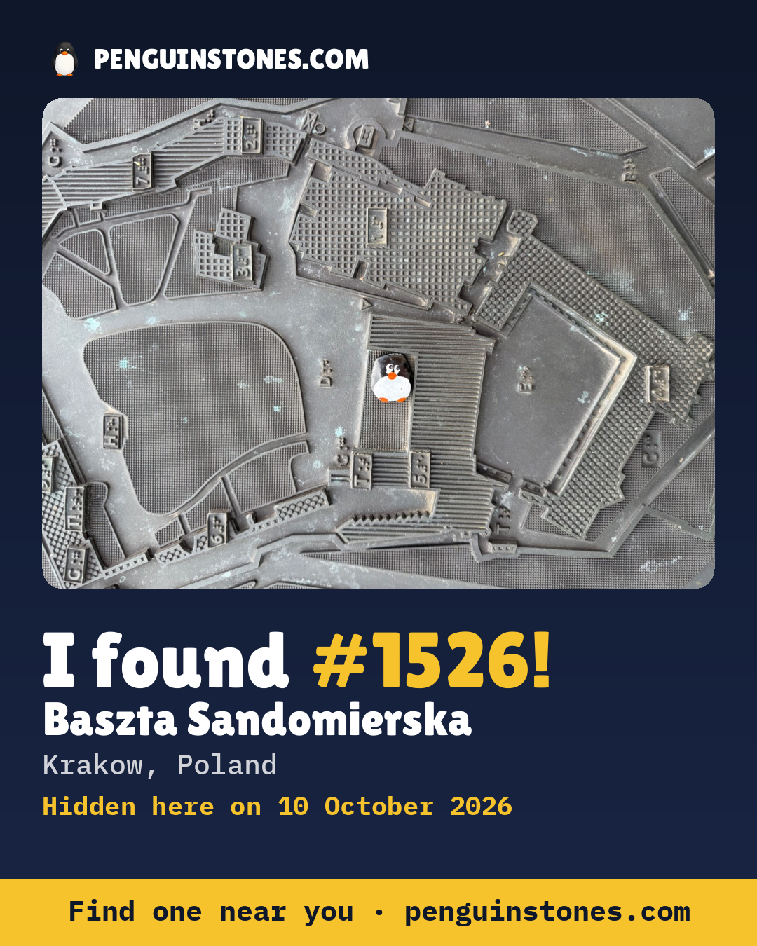 An “I found #1526” picture: the stone’s photo, where it is and how far it has travelled