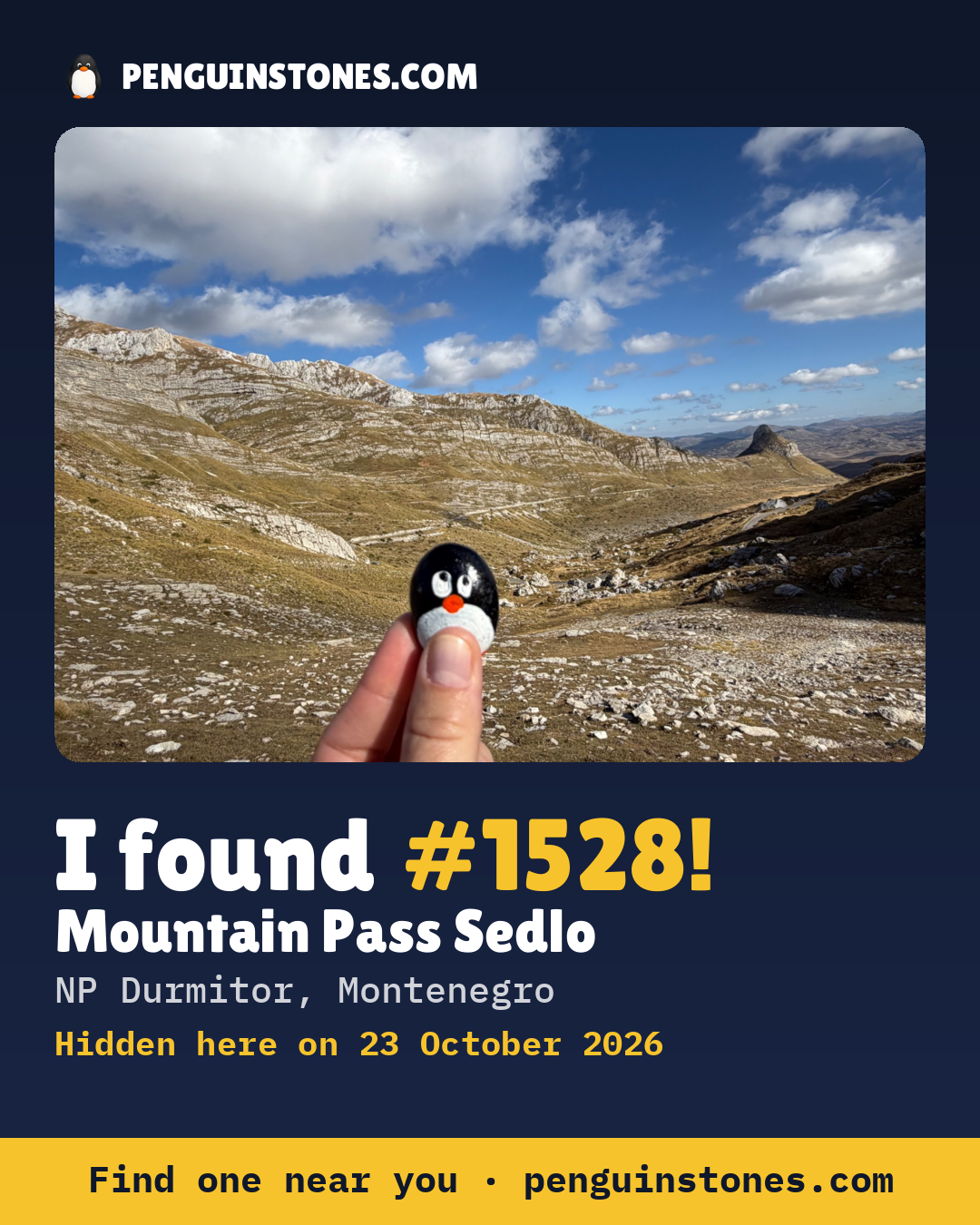 An “I found #1528” picture: the stone’s photo, where it is and how far it has traveled