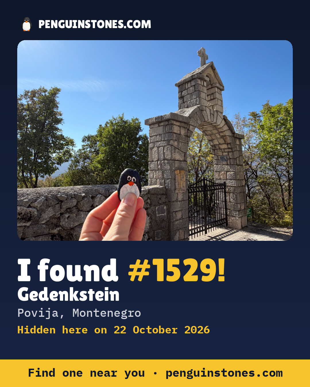 An “I found #1529” picture: the stone’s photo, where it is and how far it has traveled
