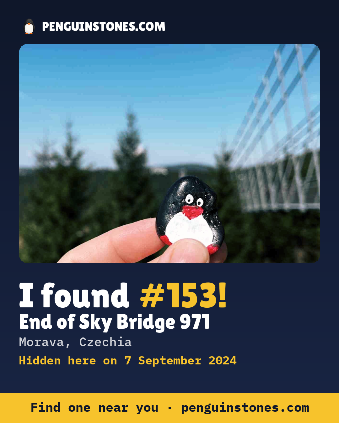 Obrázok s nápisom „I found #153“: fotka kameňa, kde je a ako ďaleko docestoval
