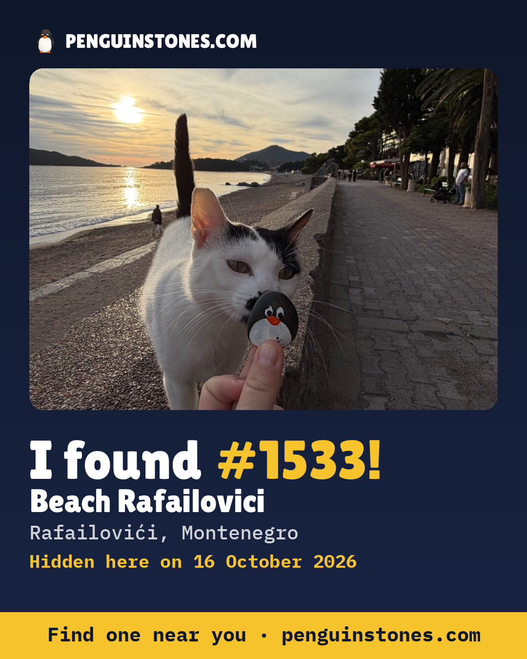 Obrázok s nápisom „I found #1533“: fotka kameňa, kde je a ako ďaleko docestoval