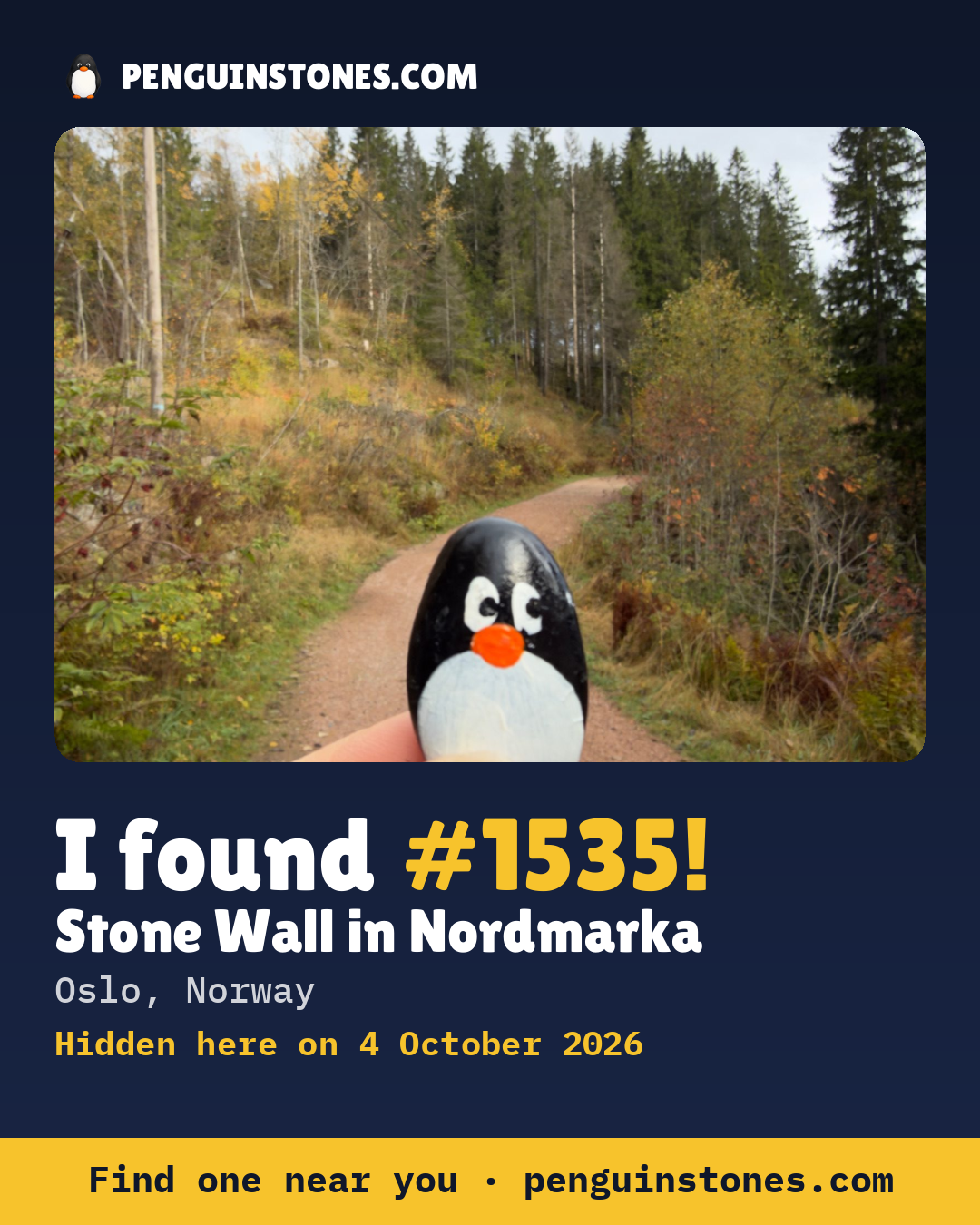 An “I found #1535” picture: the stone’s photo, where it is and how far it has travelled