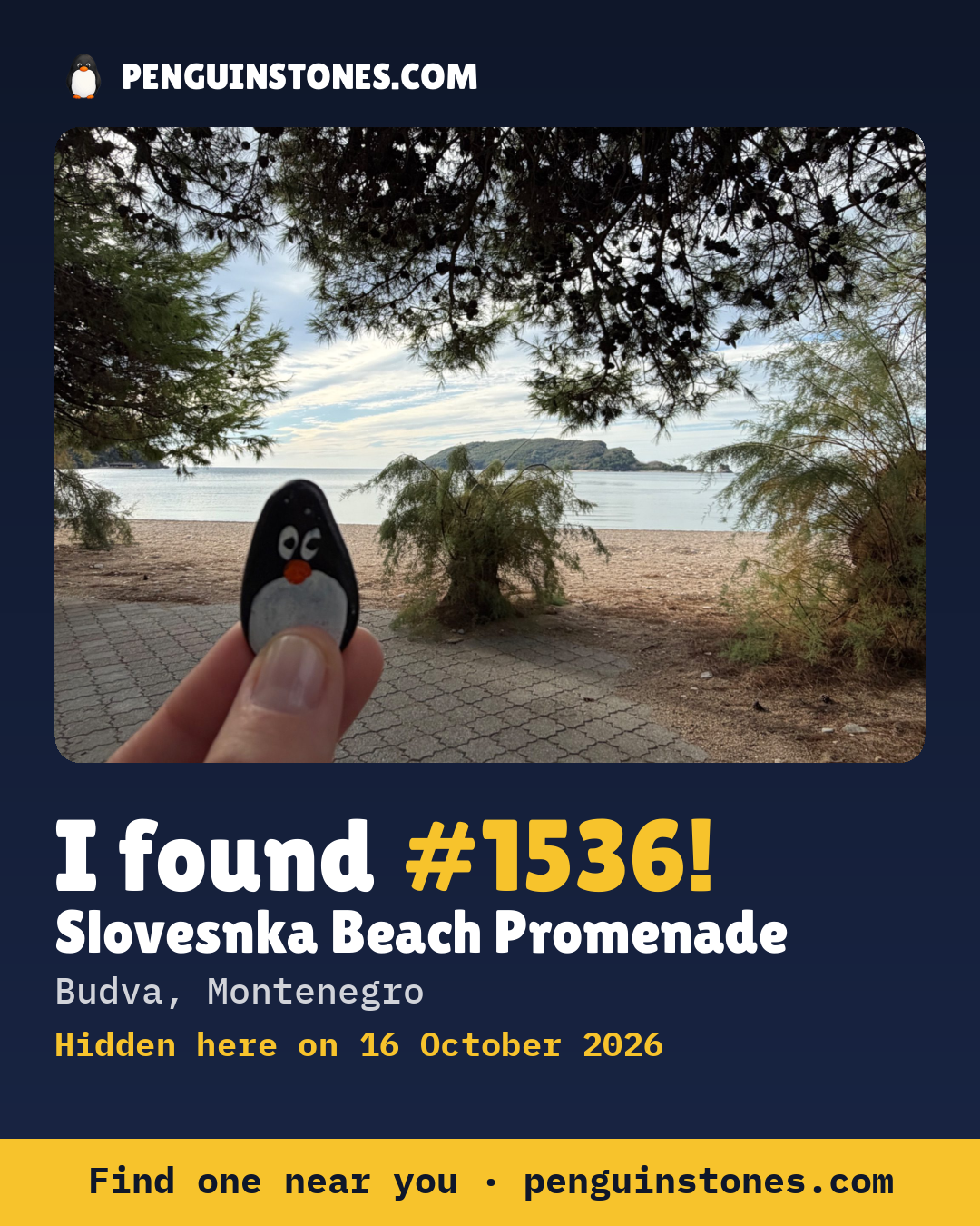 An “I found #1536” picture: the stone’s photo, where it is and how far it has travelled