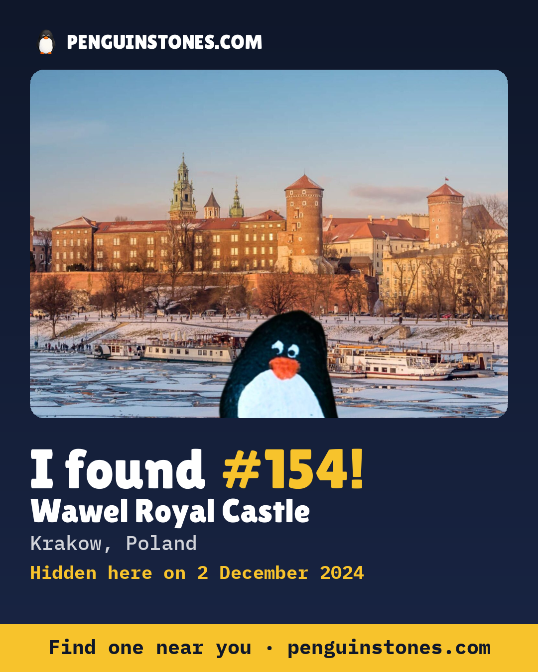 Obrázok s nápisom „I found #154“: fotka kameňa, kde je a ako ďaleko docestoval