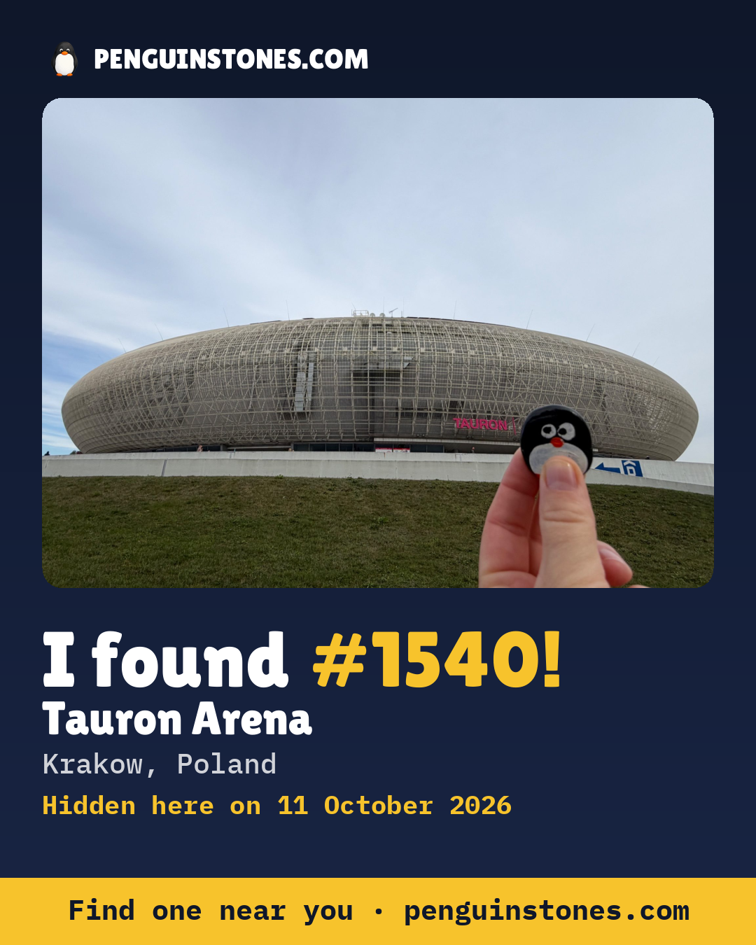 An “I found #1540” picture: the stone’s photo, where it is and how far it has travelled