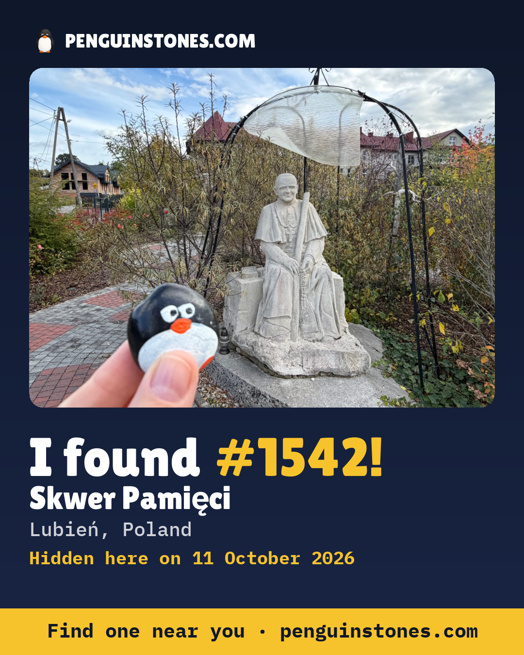 An “I found #1542” picture: the stone’s photo, where it is and how far it has travelled