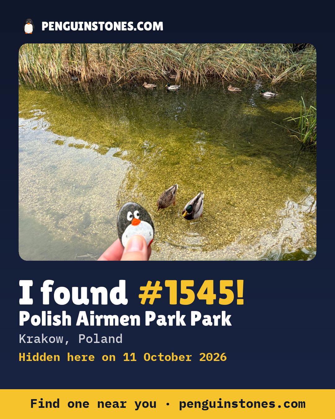 An “I found #1545” picture: the stone’s photo, where it is and how far it has travelled