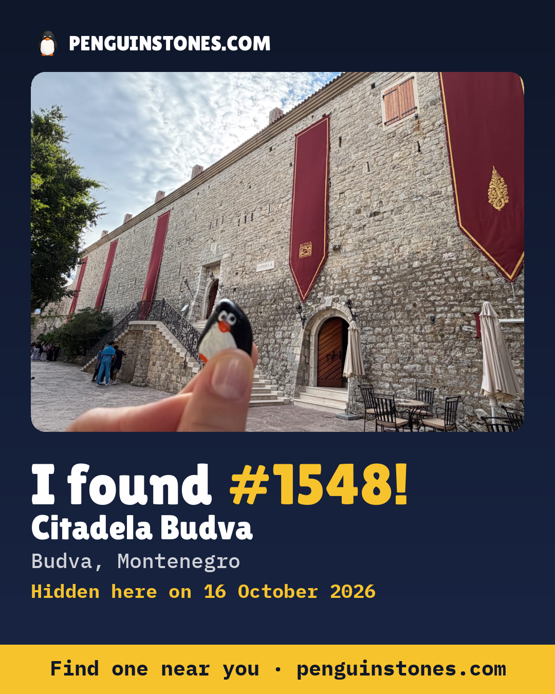 An “I found #1548” picture: the stone’s photo, where it is and how far it has travelled