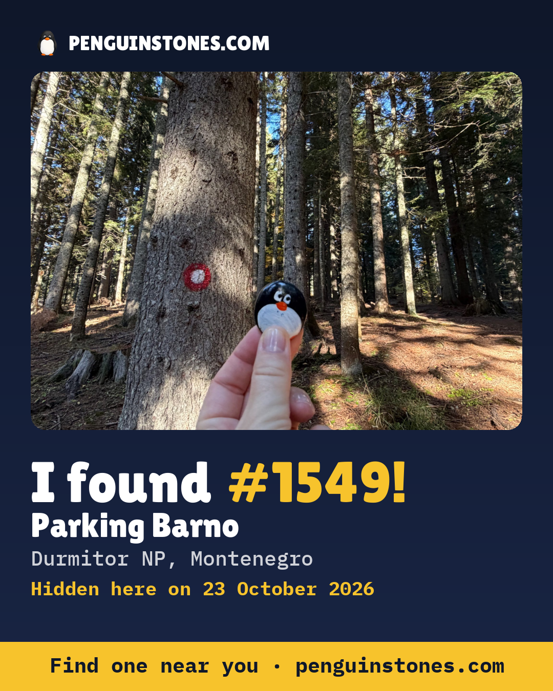 An “I found #1549” picture: the stone’s photo, where it is and how far it has traveled