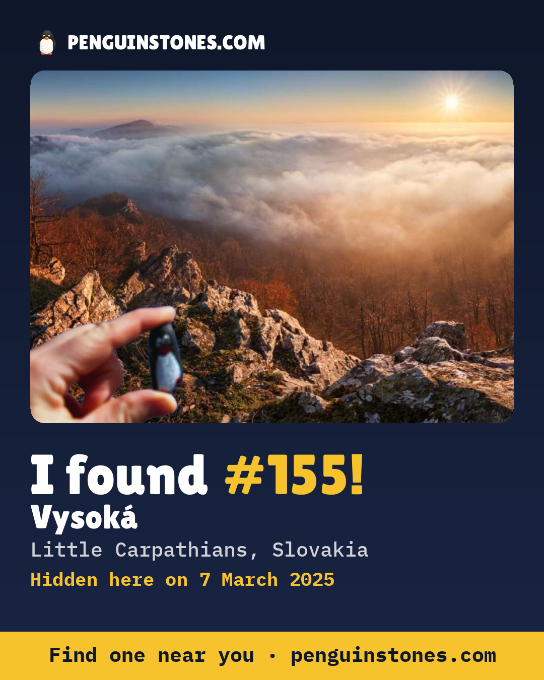 Obrázok s nápisom „I found #155“: fotka kameňa, kde je a ako ďaleko docestoval