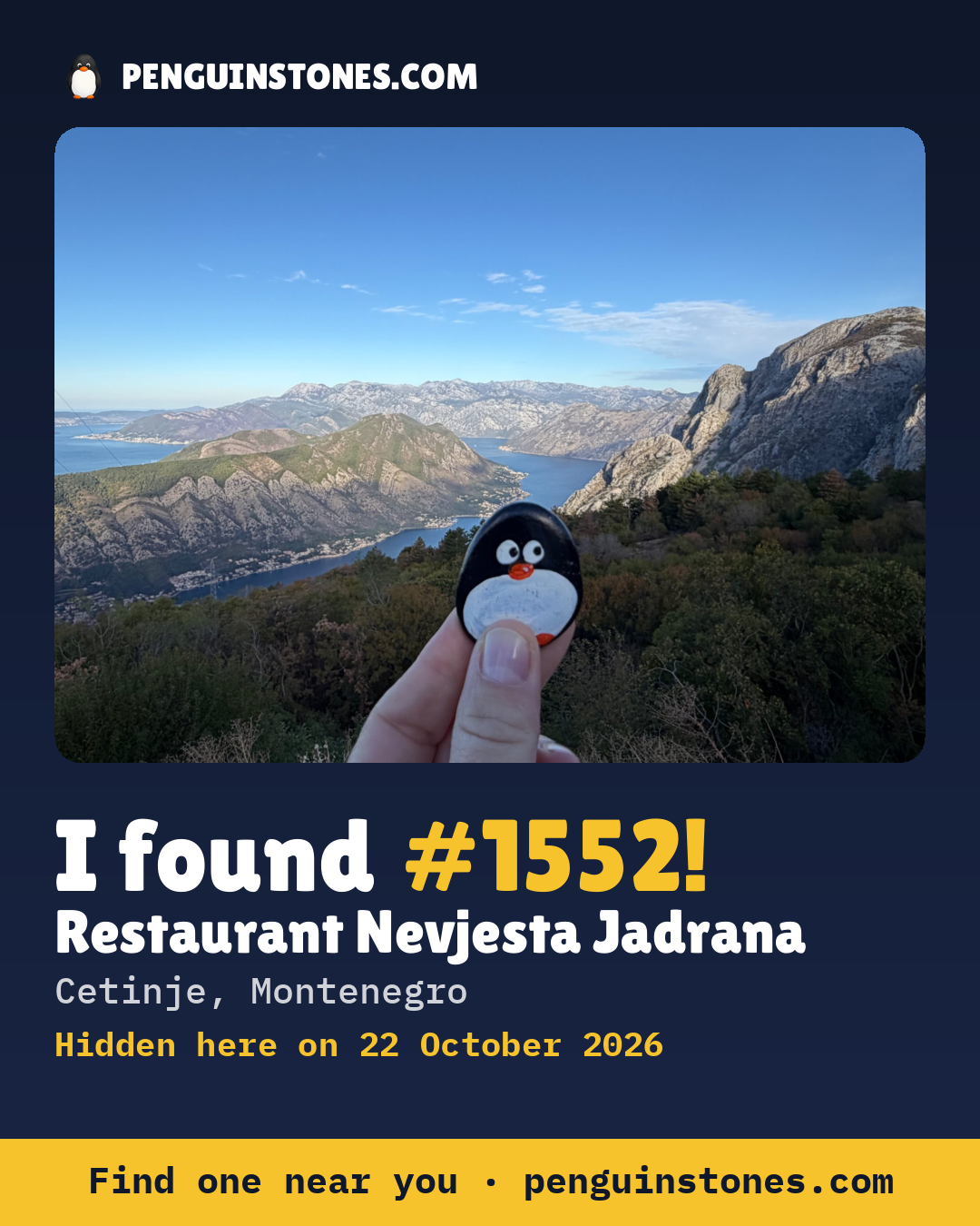 An “I found #1552” picture: the stone’s photo, where it is and how far it has traveled