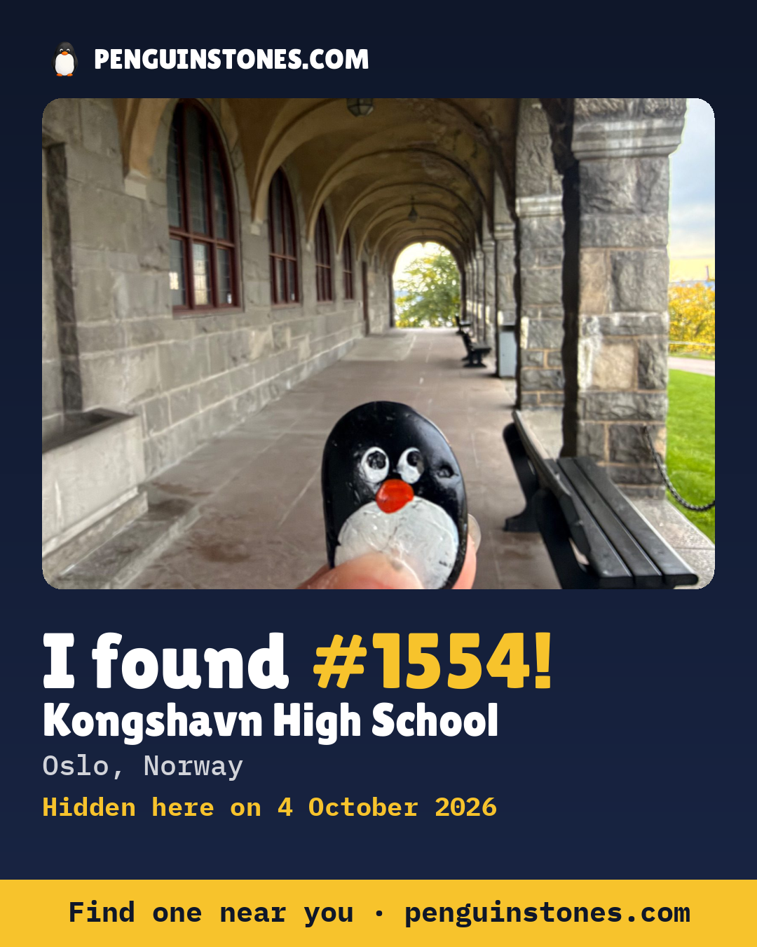 An “I found #1554” picture: the stone’s photo, where it is and how far it has travelled