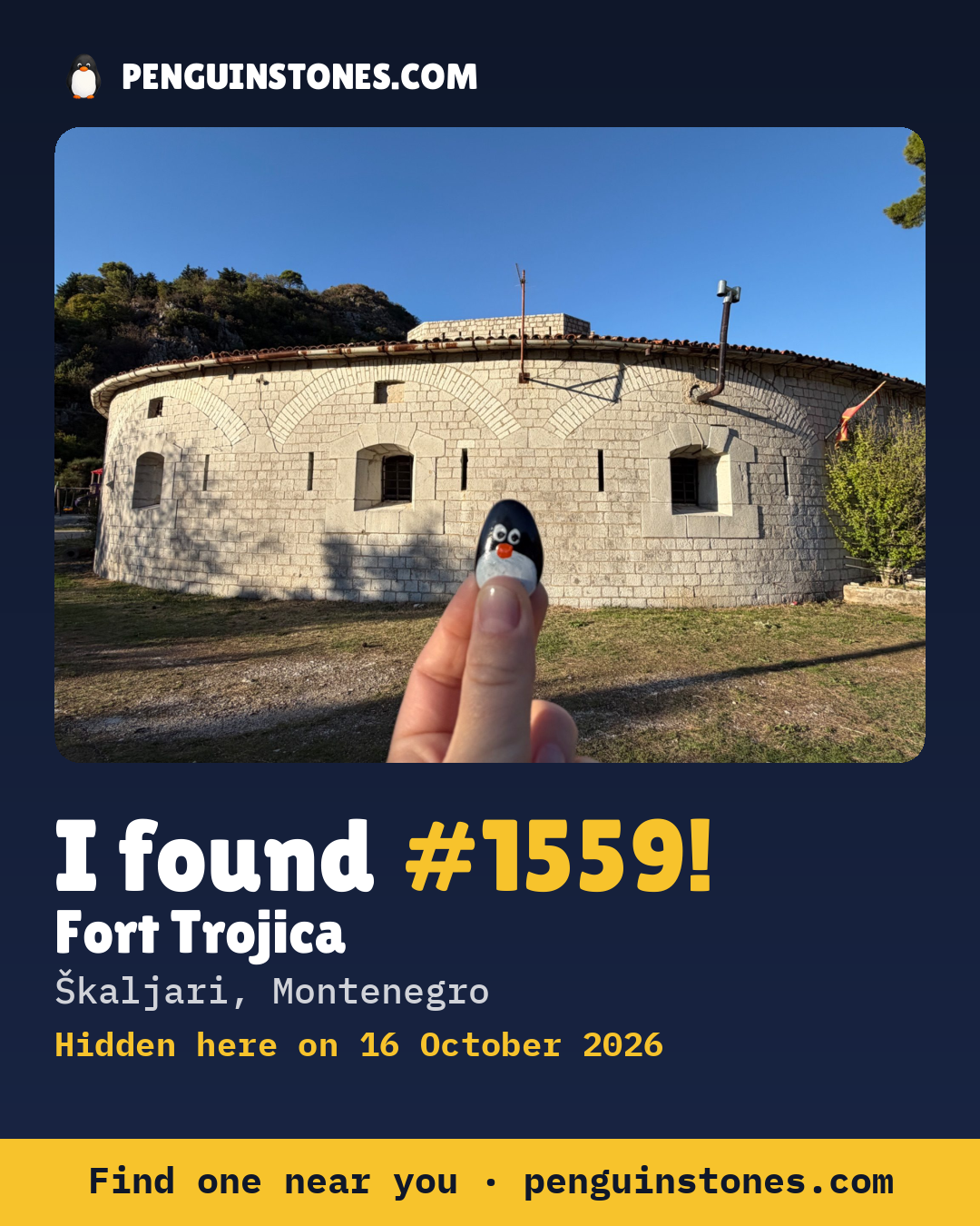 Obrázok s nápisom „I found #1559“: fotka kameňa, kde je a ako ďaleko docestoval