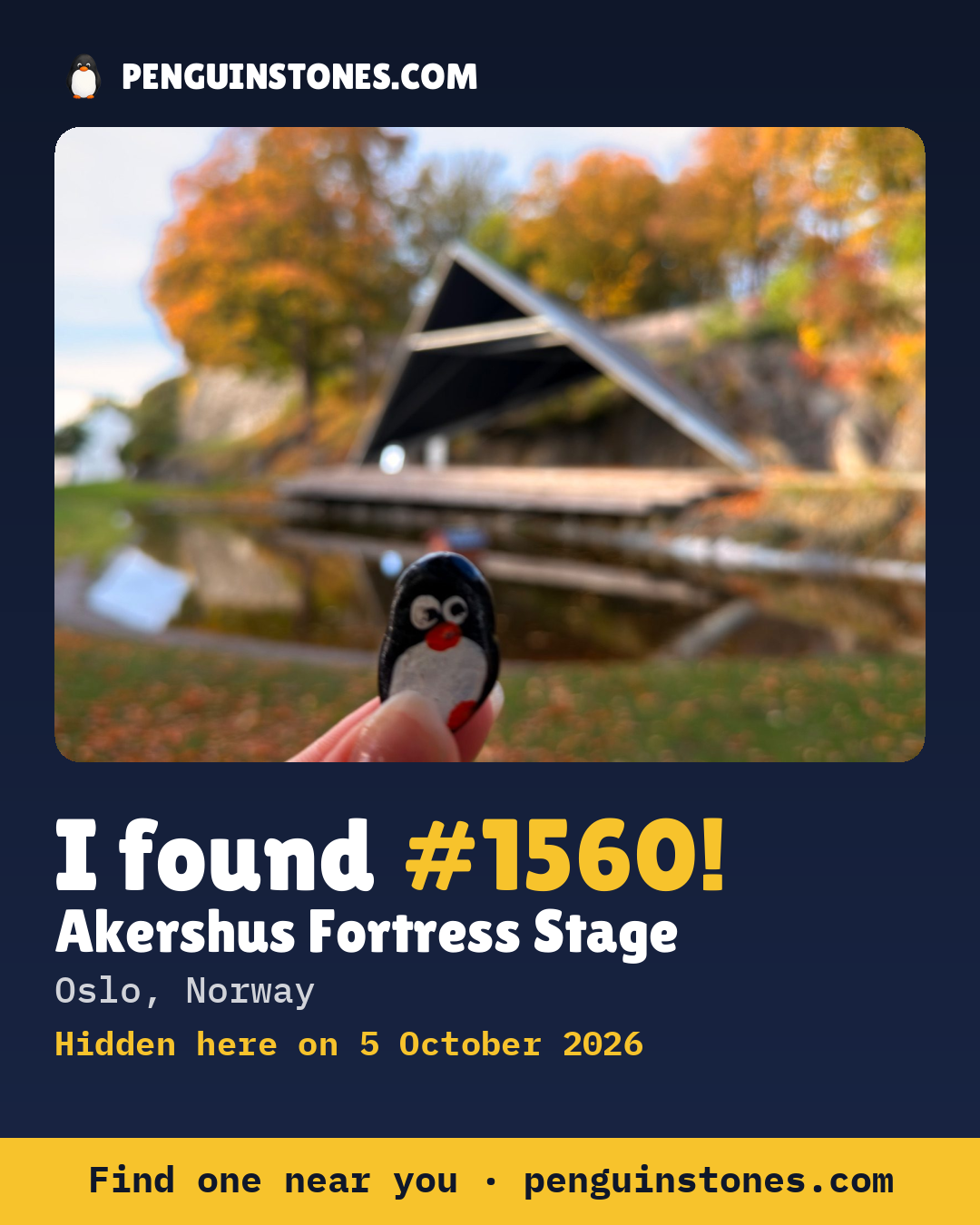 An “I found #1560” picture: the stone’s photo, where it is and how far it has travelled