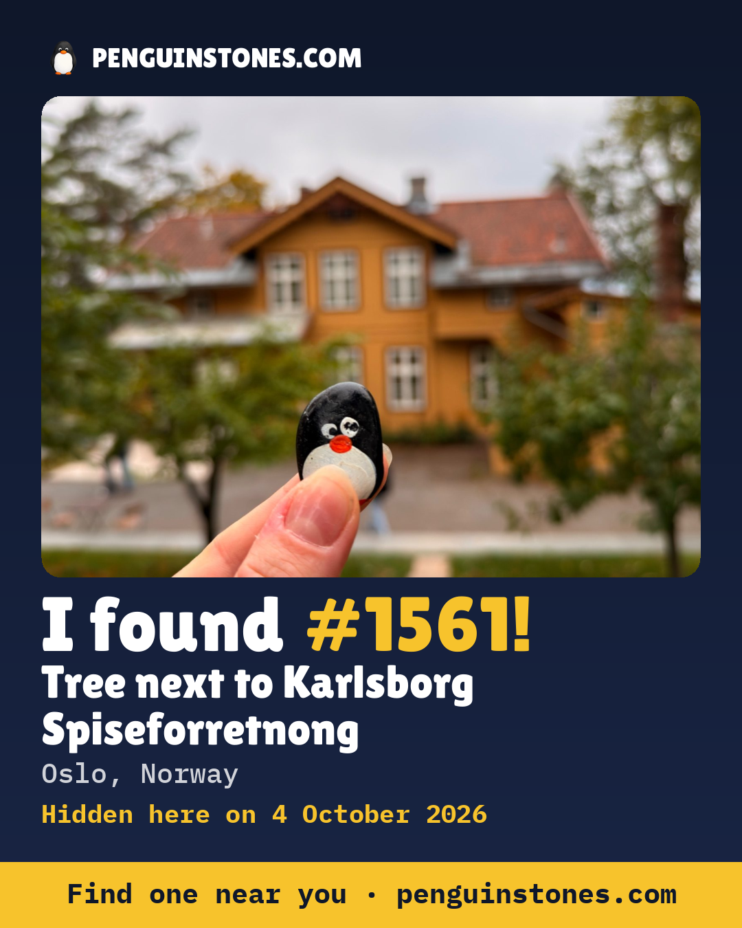 An “I found #1561” picture: the stone’s photo, where it is and how far it has travelled