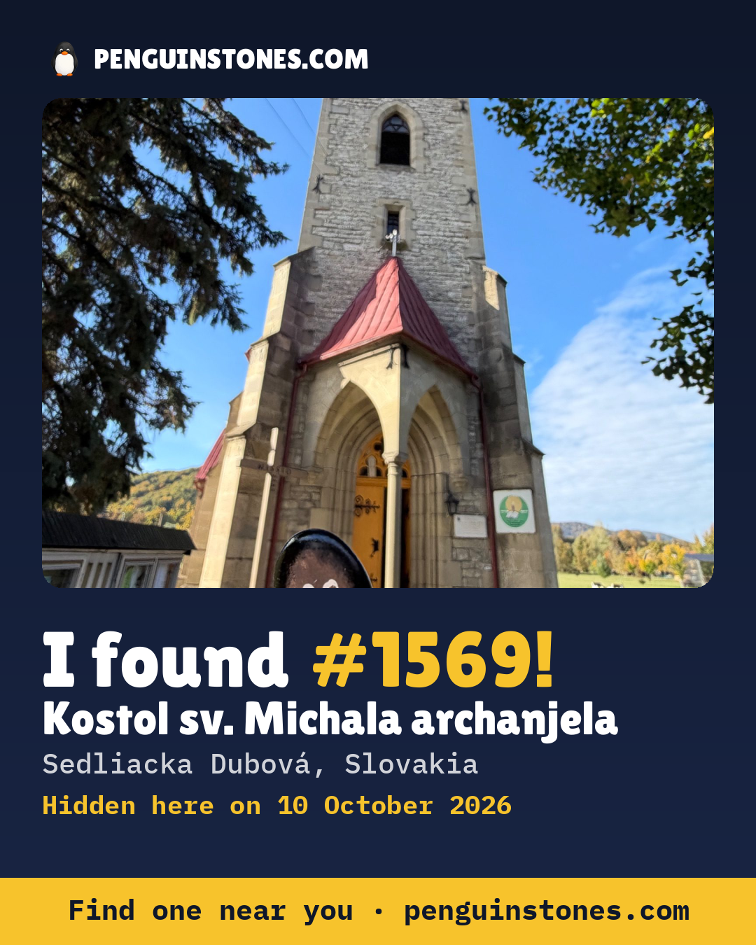 An “I found #1569” picture: the stone’s photo, where it is and how far it has travelled
