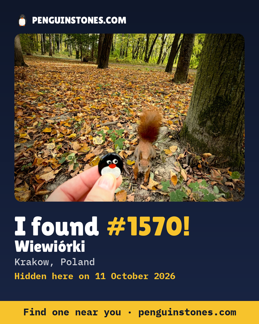 An “I found #1570” picture: the stone’s photo, where it is and how far it has travelled