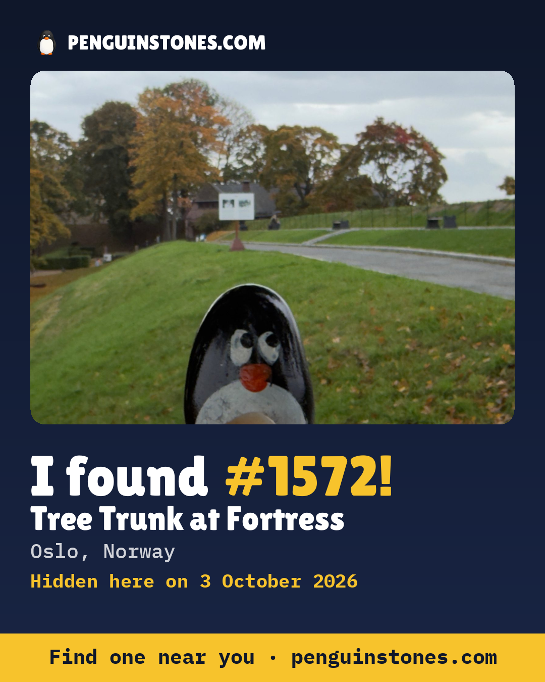 An “I found #1572” picture: the stone’s photo, where it is and how far it has travelled