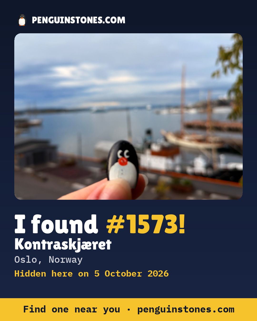 An “I found #1573” picture: the stone’s photo, where it is and how far it has travelled