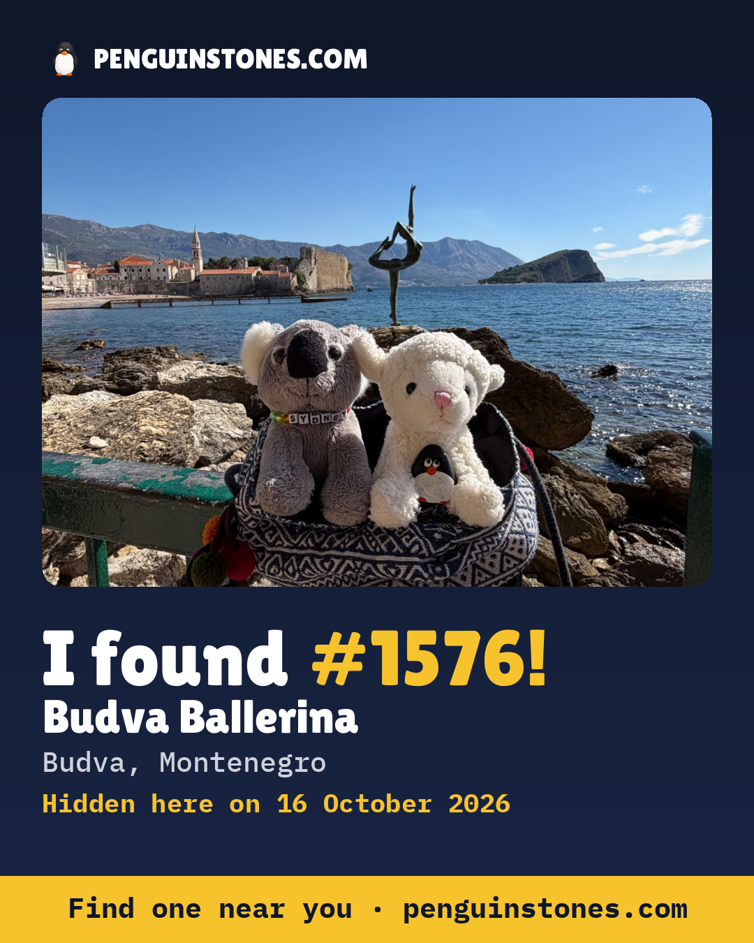 An “I found #1576” picture: the stone’s photo, where it is and how far it has travelled