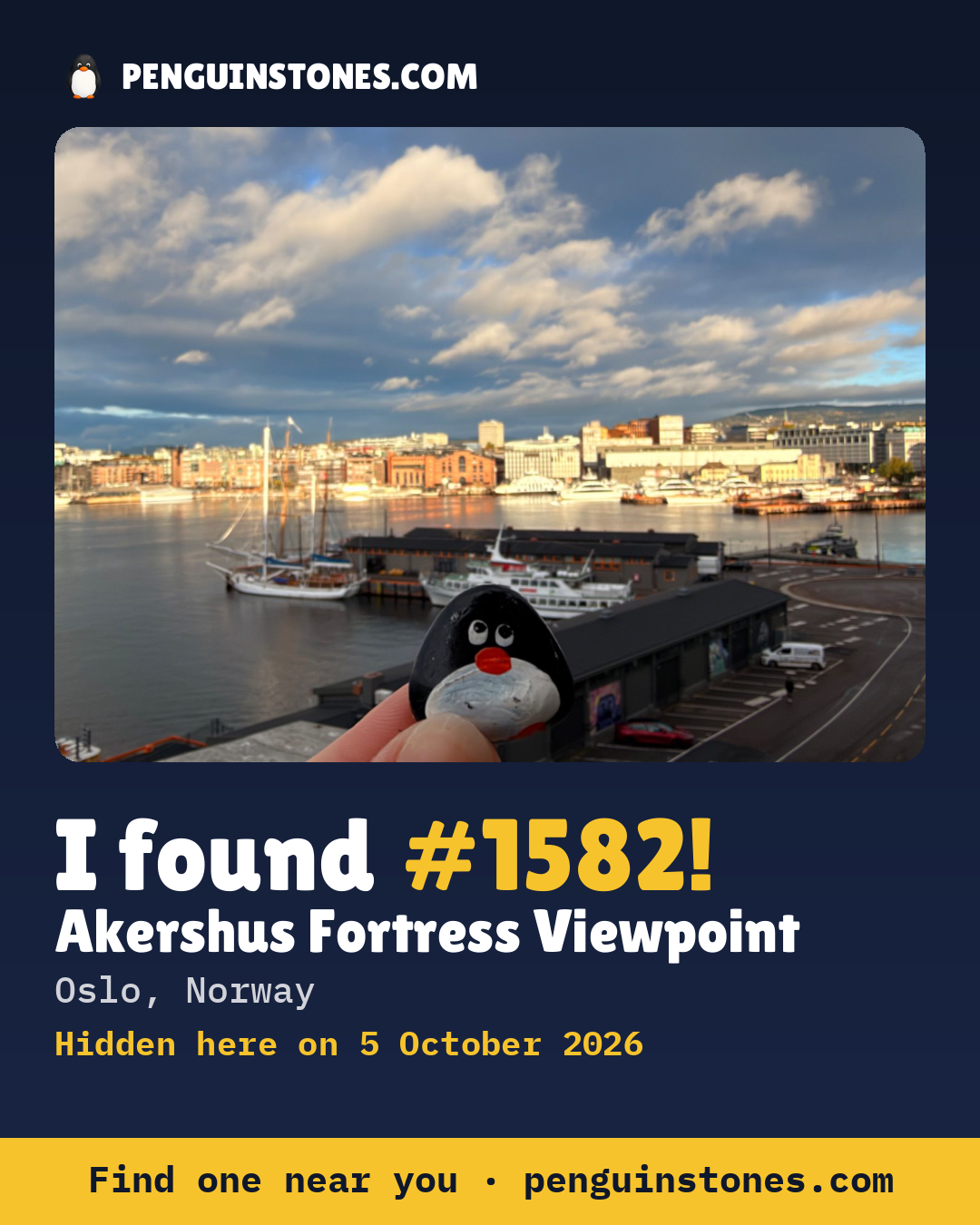 An “I found #1582” picture: the stone’s photo, where it is and how far it has travelled