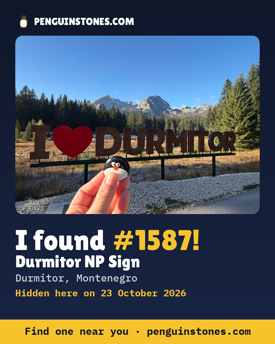 An “I found #1587” picture: the stone’s photo, where it is and how far it has traveled