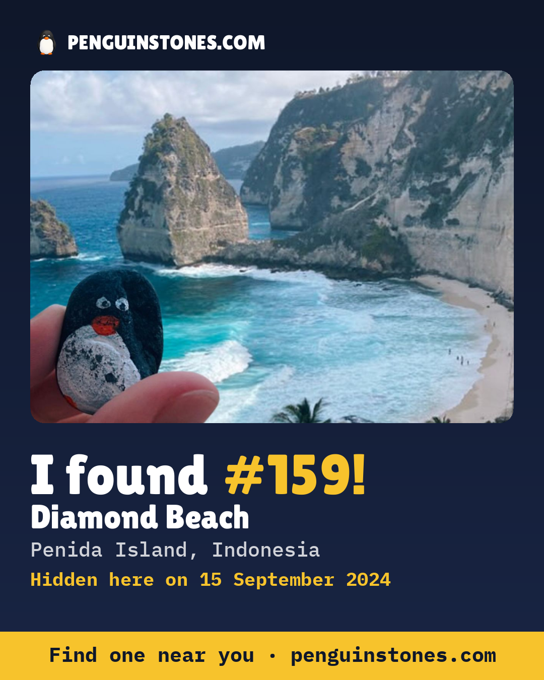 Obrázok s nápisom „I found #159“: fotka kameňa, kde je a ako ďaleko docestoval