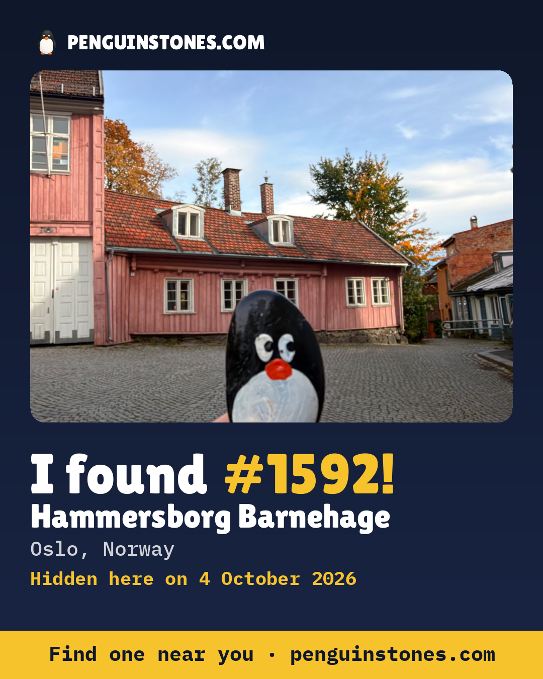 An “I found #1592” picture: the stone’s photo, where it is and how far it has travelled