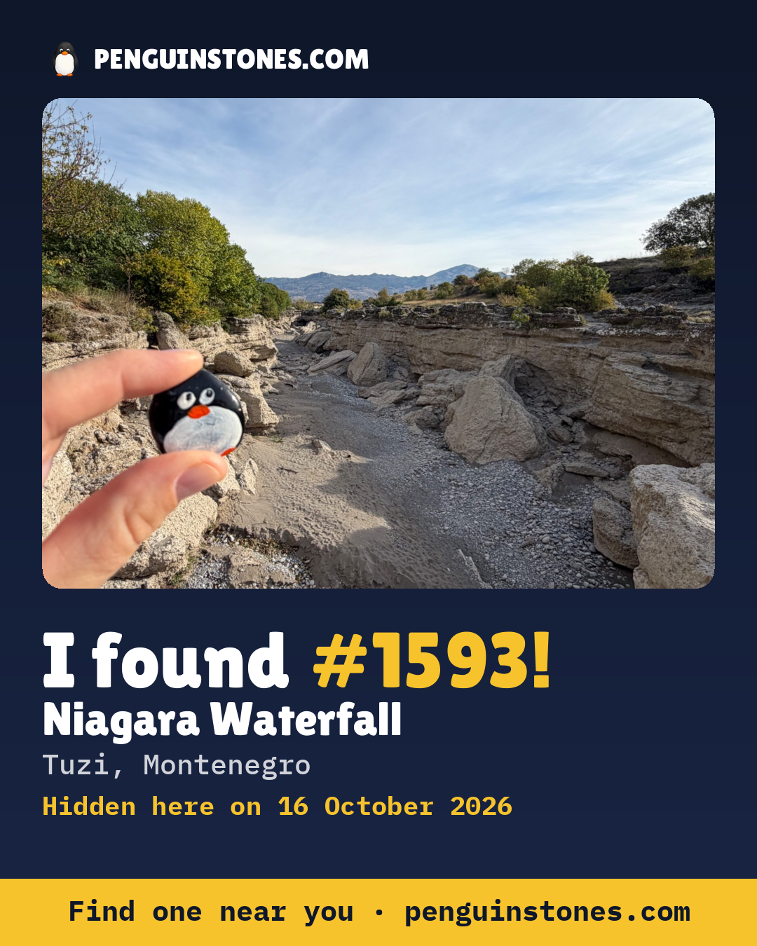 An “I found #1593” picture: the stone’s photo, where it is and how far it has travelled