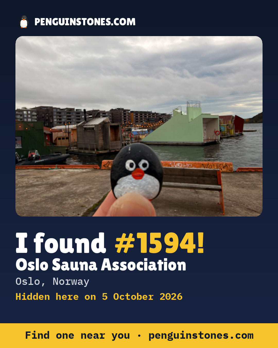 An “I found #1594” picture: the stone’s photo, where it is and how far it has travelled